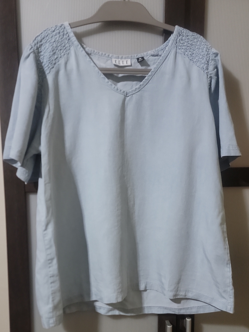 ELLE Pale Blue V-Neck Short Sleeve Top with Smocked Shoulders